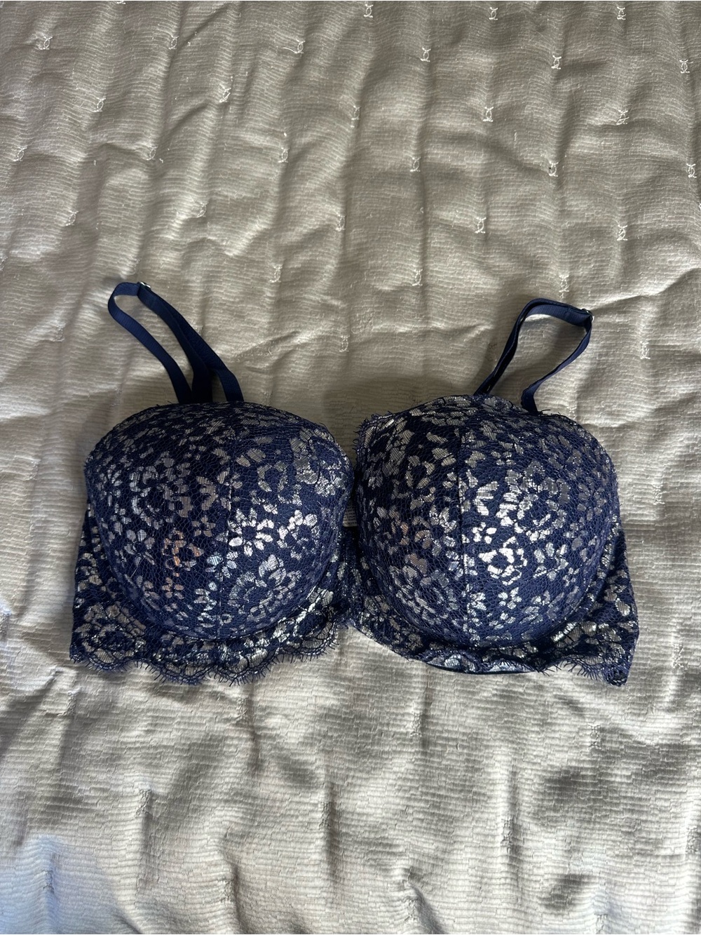 Victoria's Secret Dream Angels Lined Demi Navy Bra with Silver Lace Overlay